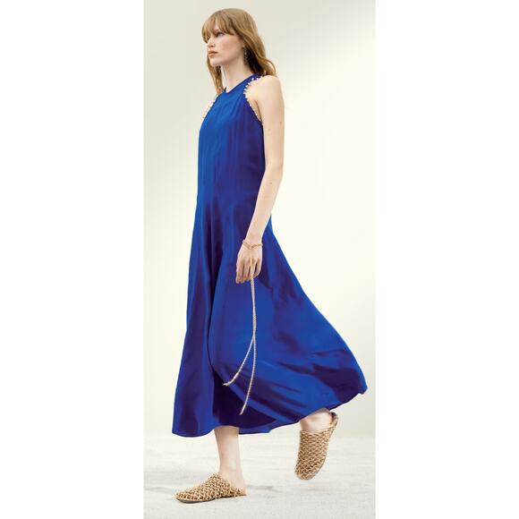 NWT H&M Studio Deep Blue Sleeveless Beaded Detail Maxi Dress Size Large - Picture 7 of 8